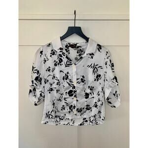 High Tech Shirt Top in White/Black Size 46 Floral Print Button Up Pleated Front